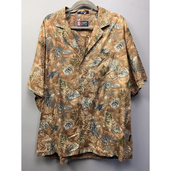 VTG Chaps‎ Ralph Lauren Hawaiian Shirt Mens XL Brown Floral Button Up Pocket 90s - Picture 1 of 6